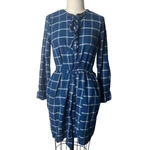 Draper James Blue Windowpane Ruffle Shirt Dress Size 4
